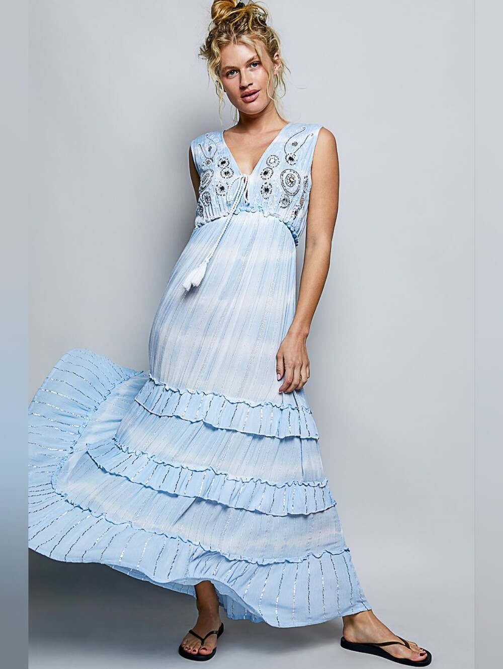 New POL Bohemian Sleeveless Sequin Tassel Ruffled Maxi Dress Sky Blue Size S/M/L - Picture 2 of 6